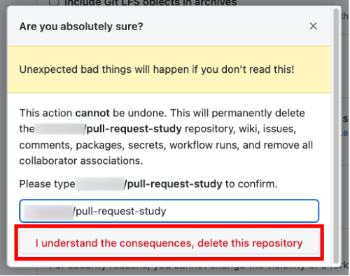 Danger Zone の Delete this repository をクリック