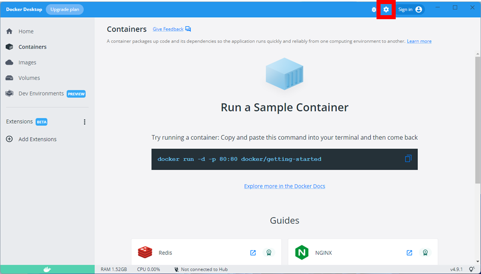 DockerDesktopの設定を開く